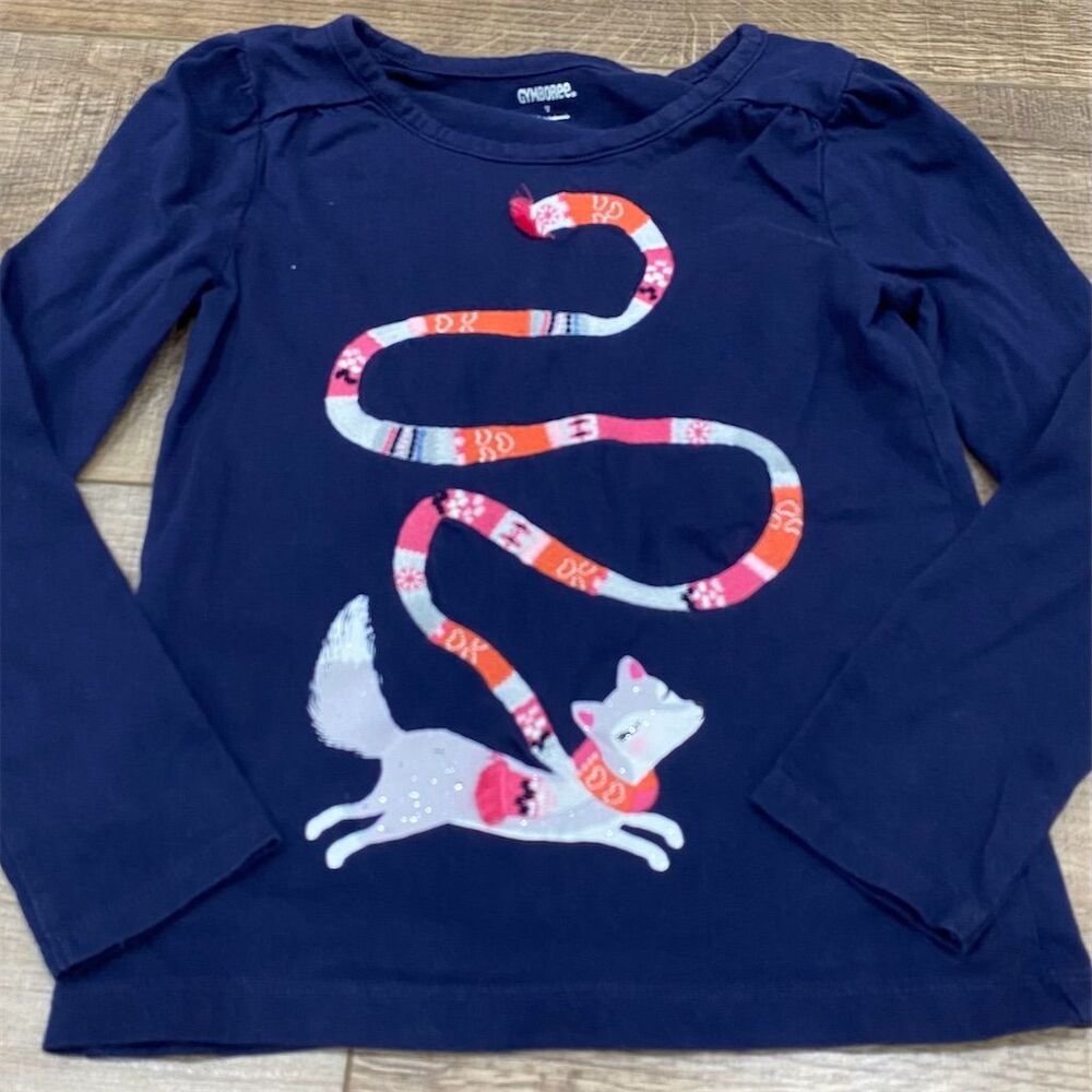 Gymboree Girls size 7 Long Sleeve Navy Top Fox Scarf Design Casual